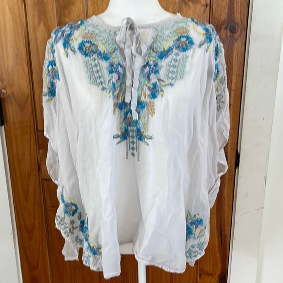 Johnny Was Tops - Johnny Was Silk Sheer Embroidered Poncho Top Grey